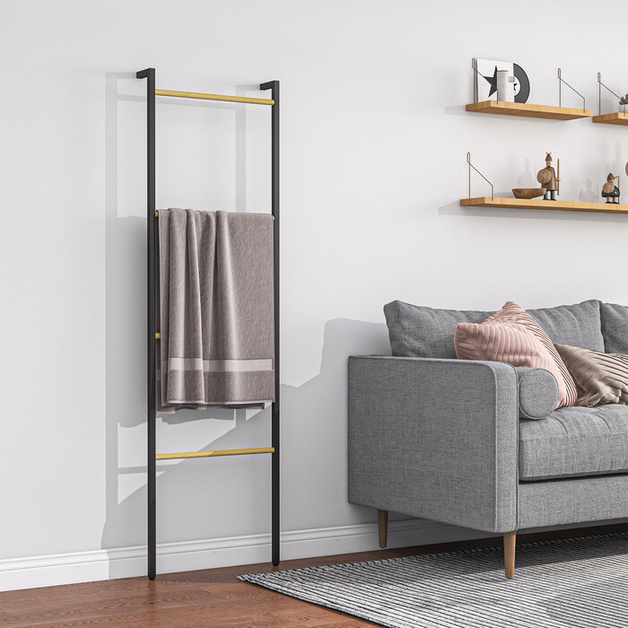 Підставка для рушників HOMCOM 49 x 167,5 см – зручний тримач з 4 перекладинами, що економить простір, для рушників, одягу, ковдр та газет, виготовлений зі сталі, колір: чорний