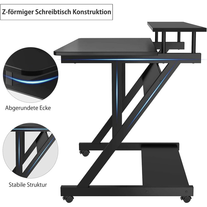 Комп'ютерний стіл Dripex Z-подібний з коліщатками, мобільний столик для ноутбука з полицями для невеликих приміщень, 70x60x79см чорний