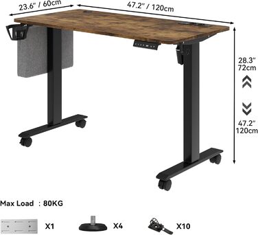 Електричний стіл з регулюванням висоти, 2 шт. USB, розетки, 120x60x(72-120) см, зрощувальна дошка, ручне управління з пам'яттю, сидячий/стоячий стіл, коліщатка на 360, вінтажний коричневий