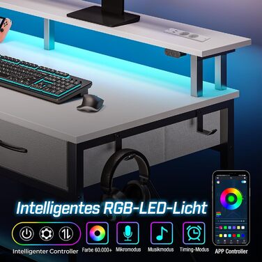 Комп'ютерний стіл Rolanstar з ящиками, розетками та LED підсвіткою, геймінговий стіл з підставкою для монітора, полиця та 2 гачки, для офісу та вітальні (білий, 100x47x90,5 см)