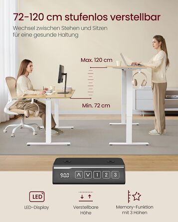 Електричний регульований стіл VASAGLE LSD02B0V2 - сталевий каркас, 3 пам'яті висоти, з гачками