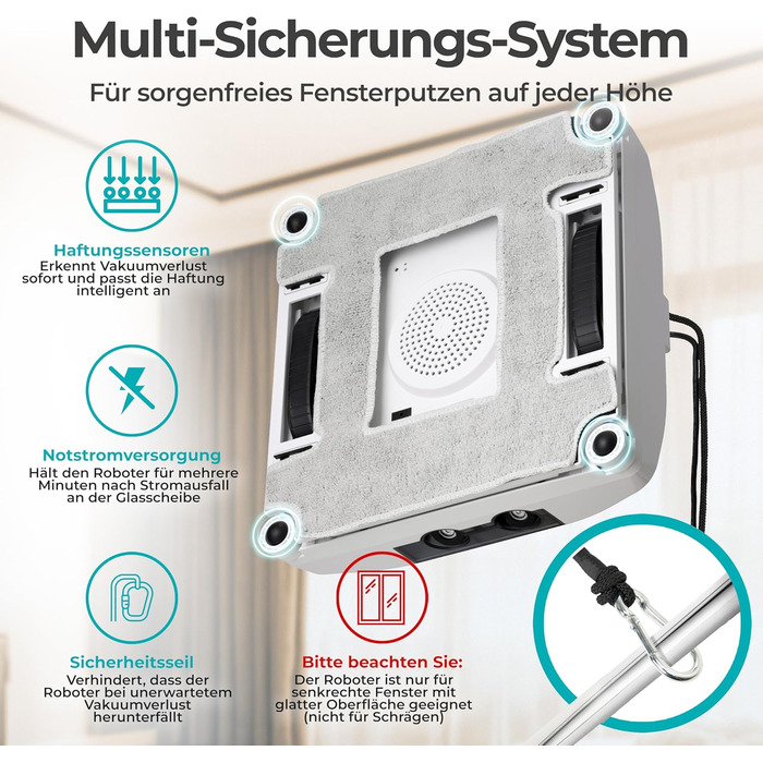 Робот-прибиральник вікон KLAMER 3500 Pa – автоматичний мийник вікон з резервуаром 100 мл, функцією вологого прибирання, розпізнаванням країв, тихий (60 дБ), захист від падіння та смарт-планування. Білий