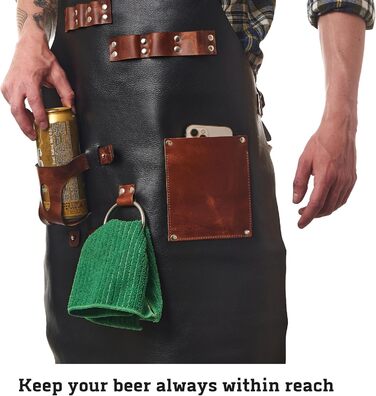 Чорний шкіряний фартух для гриля з тримачем для пива, BBQ фартух для майстра гриля - міцний, з кишенями, регульовані бретельки