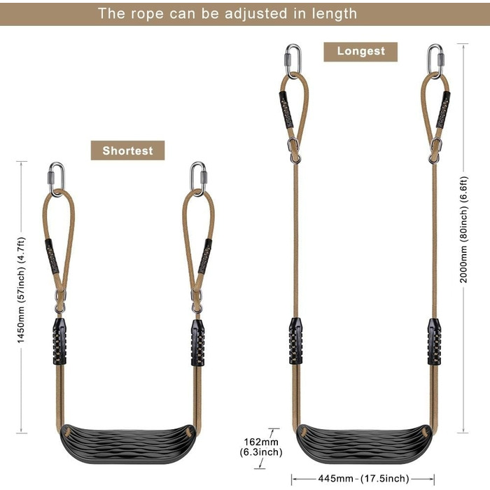 Гойдалка садові SELEWARE: набір з міцним сидінням, регульованим тросом 2м та 2 карабінами, чорна вулична гойдалка для саду
