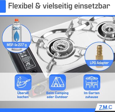 Газовий набір для кемпінгу ZMC: 2-горілкова плита, адаптер для LPG, 4 балончики 227г, кейс, 2.5kW, Piezo-запалювання, для відпочинку на природі та вдома