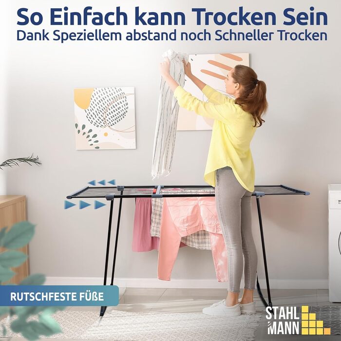 Розкладна сушилка для білизни STAHLMANN® - 20 м сушильної поверхні, чорна, з кріпленнями для дрібних речей, Made in EU