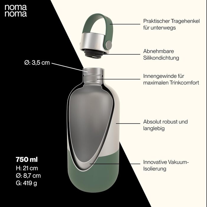 Пляшка для пиття noma noma ізольована пляшка з нержавіючої сталі 750 мл герметична пляшка-термос 500 мл, 750 мл і 1 л вакуумна пляшка для вуглекислого газу кліматично нейтральна та без бісфенолу А Смузі зелений 750 мл Смузі зелений