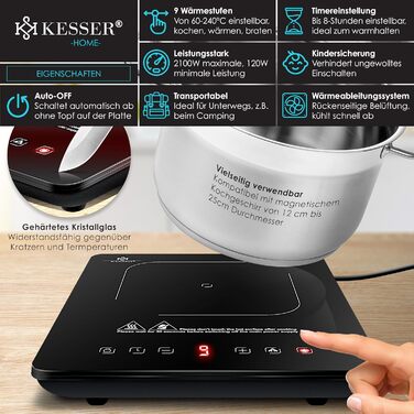 Індукційна плитка KESSER® 2100W з 1 зоною, 28 см, сенсорне керування, таймер, мікрофібра та рецепти