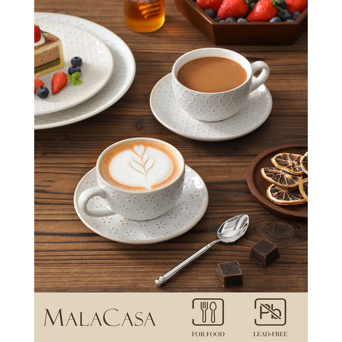 Набір посуду Malacasa LYDIA для 4 осіб (16 предметів): тарілки, чашки, чайний сервіз з рельєфом, бежевий