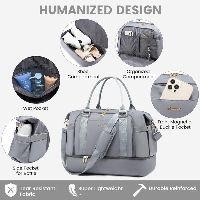 Спортивна сумка LOVEVOOK для подорожей, жіноча дорожня сумка Weekender з косметичкою, відділенням для взуття та мокрих речей, водонепроникна, 37L, сіра