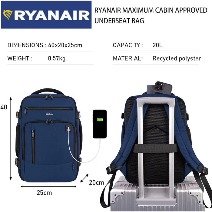 Рюкзак 40x20x25 для літака Ryanair Дорожній рюкзак Ручний багаж Багаж Ноутбук Денні рюкзаки ПЕТ Перероблений екологічно чистий рюкзак Водонепроникний під сидінням 20 л Жіночий маленький (синій 40x20x25см)