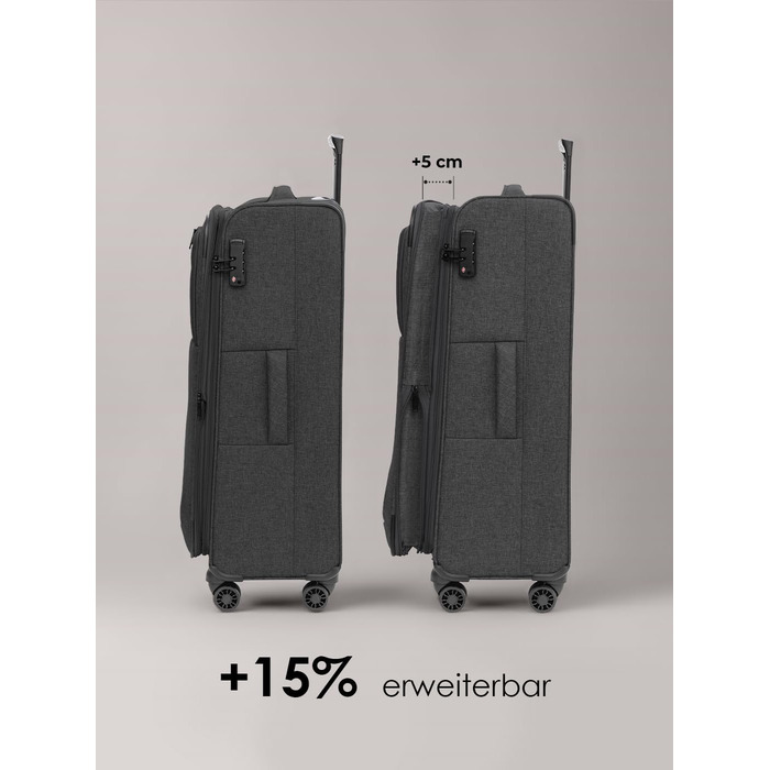 Набір тканинних валіз REDOLZ Essentials 12 (3 шт.), чорні дорожні Trolley з 4-ма подвійними колесами, TSA-замком та функцією розширення