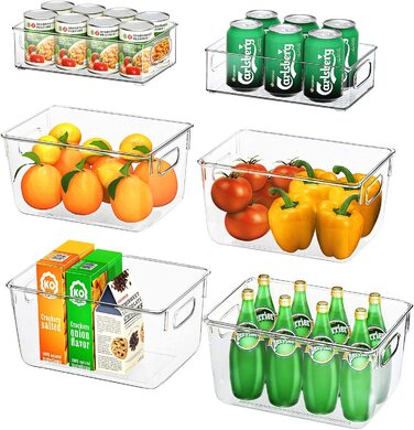 Органайзер для холодильника FINEW, набір з 6 предметів(4 великих і 2 середніх), високоякісний Контейнер для зберігання в коморі з ручкою, прозорий