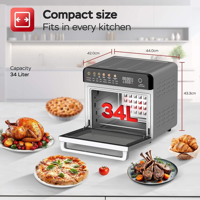 Багатофункціональна піч TurboTronic Multi Smart Oven 16-в-1: піч, фритюрниця, дегідратор, гриль, піч для піци. Об'єм 34 л, 2200 Вт, до 1 кг картоплі фрі, 40-350°C.