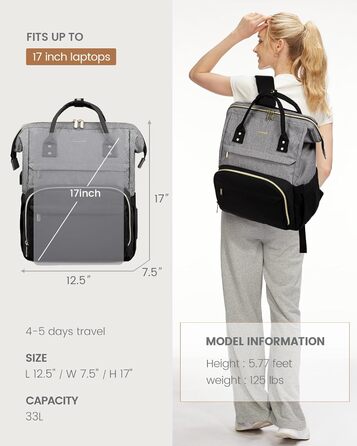 Рюкзак для ноутбука LOVEVOOK для жінок, великий шкільний рюкзак для підлітків, рюкзак ручної поклажі, водонепроникний дизайн, дихаючі плечові лямки, для університету, школи та подорожей, бежево-сірий (17 дюймів, сірий / чорний)