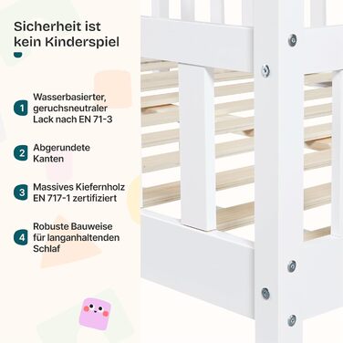 Ліжко дитяче Hesel Hausbett біле 90x200 см з бортиками та ламелями. Монтессорі ліжко-платформа для підлітків. Дерев'яне ліжко від en.casa