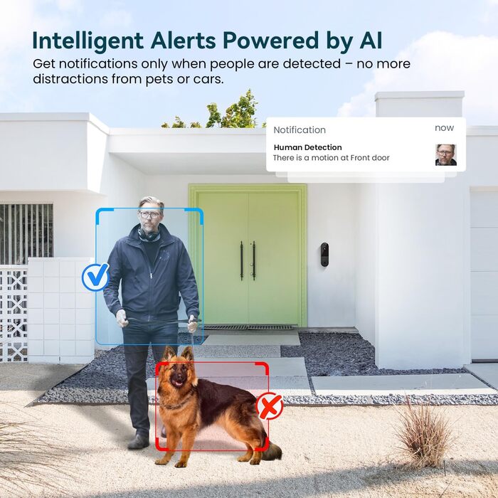 Відеодзвінок бездротовий 1080P з AI-розпізнаванням, нічне бачення, 2-сторонній аудіо, на батарейках, хмарне сховище, Wi-Fi 2.4 ГГц, для внутрішнього та зовнішнього використання (чорний)