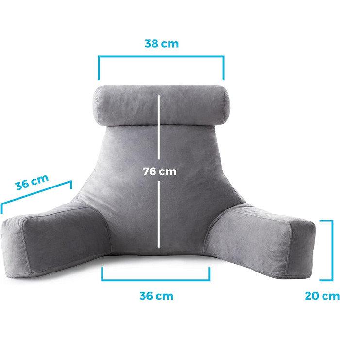 Подушка для спини Linenspa з підтримкою шиї - велика, з піною з пам'яті, для відпочинку та читання, з м'яким велюровим чохлом, сірого кольору