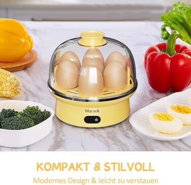 Яйцеварка Macook на 1-7 яєць, комп'ютеризоване керування, яйцеварка зі світлодіодним сенсорним екраном, регулювання твердості, захист від перегріву, яйцеварка з сигнальним сигналом, без бісфенолу А, 350 Вт, жовтий