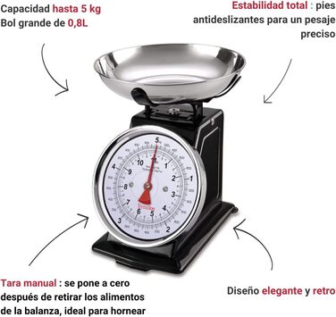 Вінтажні кухонні ваги TERRAILLON ручна тара, великий циферблат і чаша 1 л, діапазон зважування 5 кг модель 'Tradition 500 Black