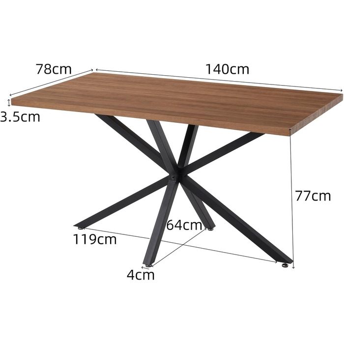 Сучасний прямокутний стіл з МДФ-плитою та чорними металевими ніжками, для вітальні або кухні, 140x78x77 см, темний дуб, структура темного дуба