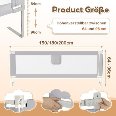 Захисний бортик для ліжка дитячий Ikodm 2x200 см + 1x180 см, регульована висота 64-96 см, сірий