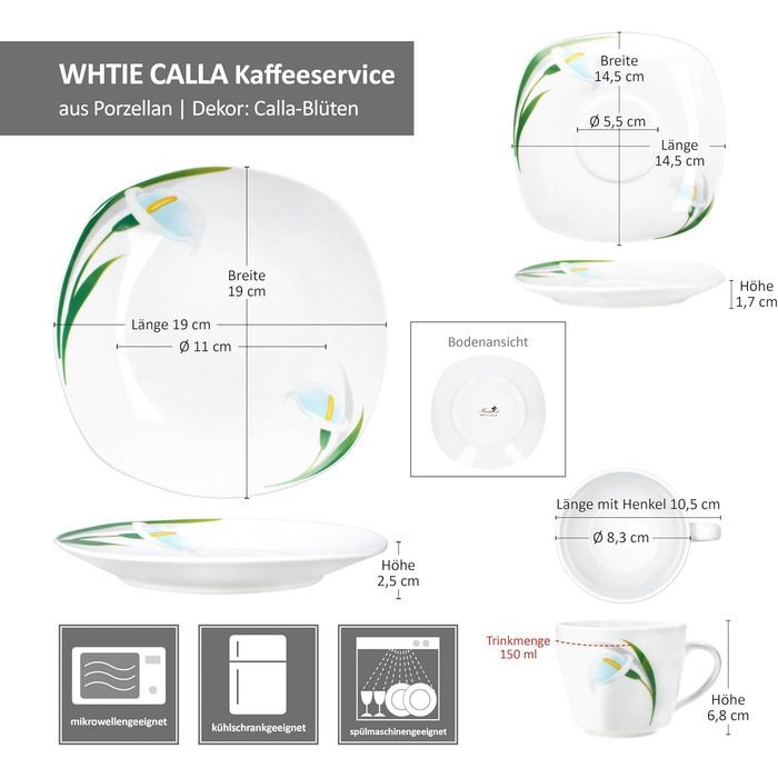 MamboCat Набір кавового сервізу 18 предметів White Calla, 150 мл, для 6 осіб, з квітковим декором