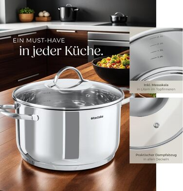 Набір каструль tectake® 9 предметів з нержавіючої сталі, посуд для плити (індукційна, газова, електрична), кухонний набір для дому та кемпінгу