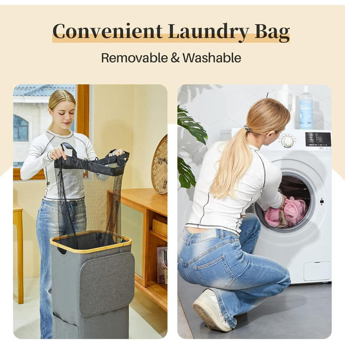 Кошик для білизни з кришкою, 100 л, з прозорим вікном, знімні мішки, для ванної, спальні, дому, іграшок, пральні (бежевий)