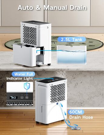 Електричний осушувач повітря 12л/24г з автоматичним та безперервним зливом (шланг у комплекті), для спалень та підвалів, LED-дисплей, тихий, з таймером