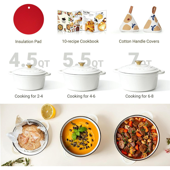 Чавунна каструля-гульяш Overmont з емалевим покриттям, 26 см, 5.2 л, перламутрово-біла, з кришкою та кулінарною книгою, підходить для духовки