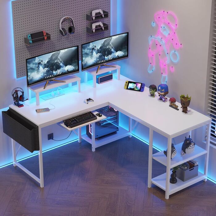 Ігровий стіл Flamaker L-подібний 140x140 см з RGB LED, підставка для монітора та ящик для зберігання | 2 розетки + 2 USB-порти (вуглецеве волокно, чорний) (білий)