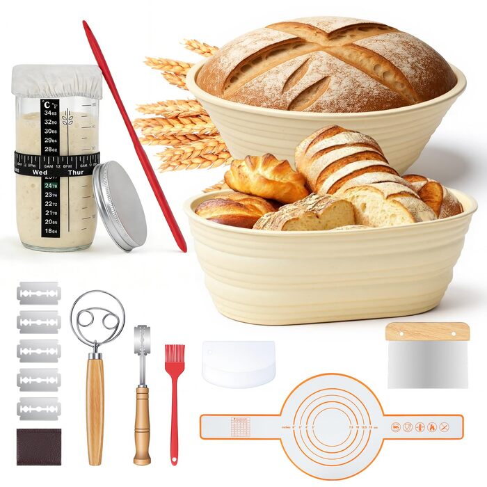 Набір для закваски з 19 частин: 2 гнізда для бродіння з силікону (23см та 25см), скляна тара для закваски, аксесуари для випічки, подарунок для початківців та професіоналів