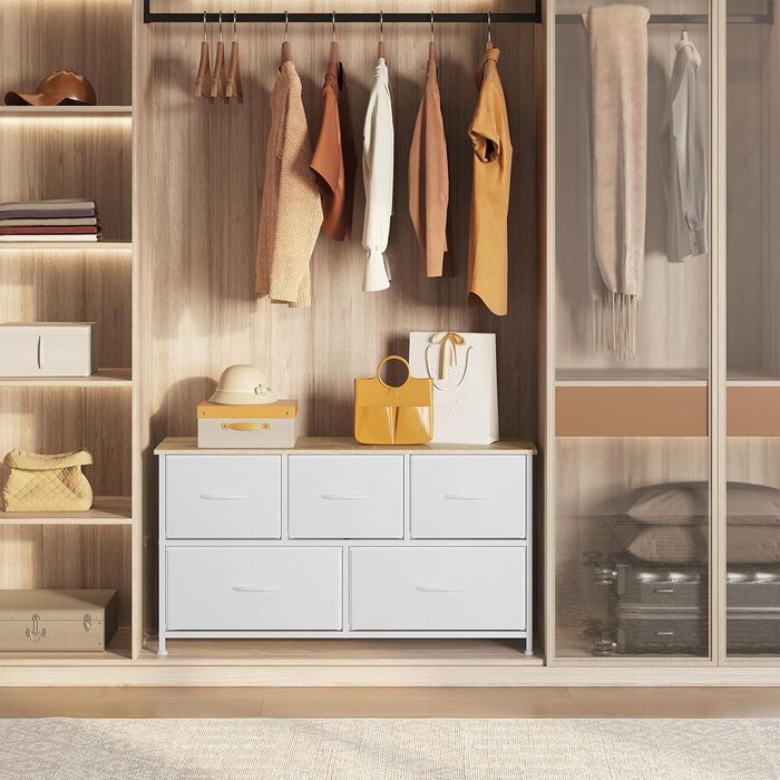 Комод WOLTU з 5 висувними ящиками з тканини, шафа-комод, тумба під TV, для вітальні, спальні, передпокою, з металевим каркасом та ДСП, білий, SSK005ws, білий, 5 тканинних ящиків
