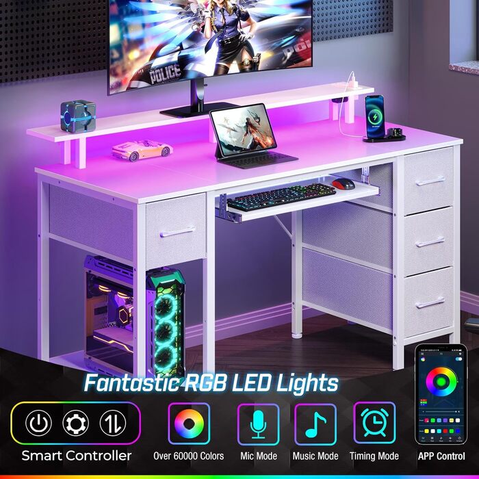 Ігровий стіл Seventable з LED підсвіткою, USB-портами та розетками, білий, 140 см. Комп'ютерний стіл з висувними ящиками, підставкою для клавіатури та монітора для дому та офісу