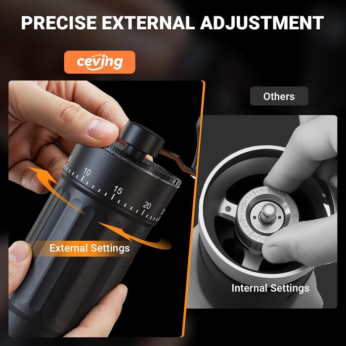 Ручна кавомолка з керамічним жорном, 40 налаштувань помелу, об'єм 30 г - для еспресо, френч-прес, подорожі (Чорний)