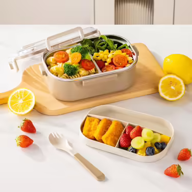 Ланчбокс Lille Home Bento, нержавіюча сталь 920 мл, 2 відділення, утеплений сумкою та посудом (коричневий)