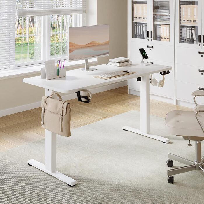 Регульований стіл 140 x 60 см з USB-C зарядкою, електричний, з функцією пам'яті, для офісу, стоячий/сидячий, білий Pro, 140x60 см