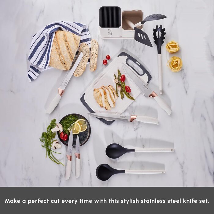 Набір ножів Karaca Gusto 12 предметів з дерев'яною підставкою та кухонними аксесуарами, з нержавіючої сталі, ергономічні ручки, кремовий колір