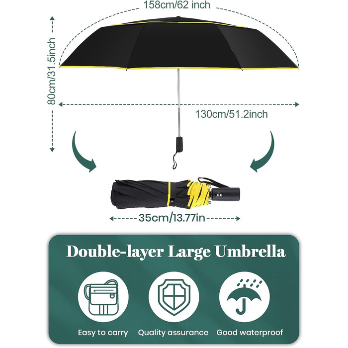 Автоматична парасолька Kalolary Парасольки для гольфу Надзвичайно великі, складні парасольки для гольфу Штормозахисні вітрозахисні водонепроникні подвійні парасольки з подвійним навісом (чорні)