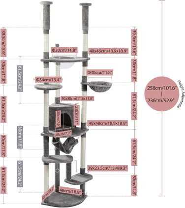 Стеля PAWZ Road - Високе котяче дерево з печерою, 6 ярусів, окун і гамак, сірий
