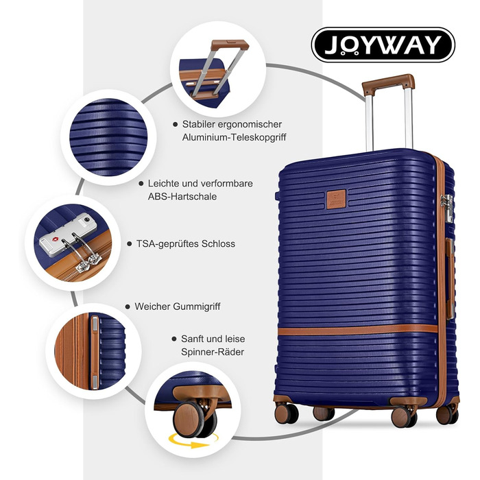 Набір валіз Joyway 6 шт. з твердим корпусом, beauty case, косметичка, 4 колеса, TSA-замок. Колір: темно-синій/коричневий