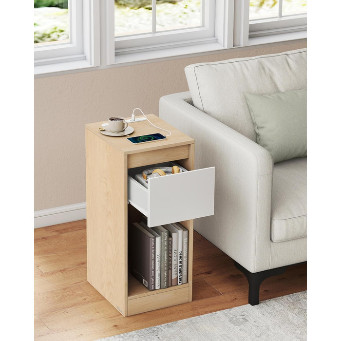 Приліжкова тумбочка VASAGLE з LED-підсвічуванням, USB-A та USB-C, з шухлядою та відкритим відсіком, для спальні/вітальні, кольору 