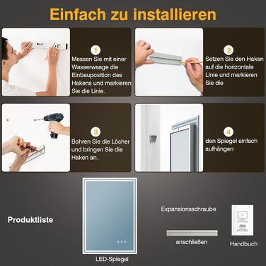 LED дзеркало для ванної кімнати з підсвічуванням 50x70 см, 3 кольори світла, регулювання яскравості, проти запотівання, сенсорне/кнопкове керування