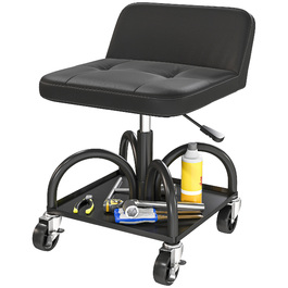 Зручний стілець-табурет для майстерні на колесах з полицею, висотою 58,5 см, здатний витримувати навантаження до 135 кг, чорного кольору.