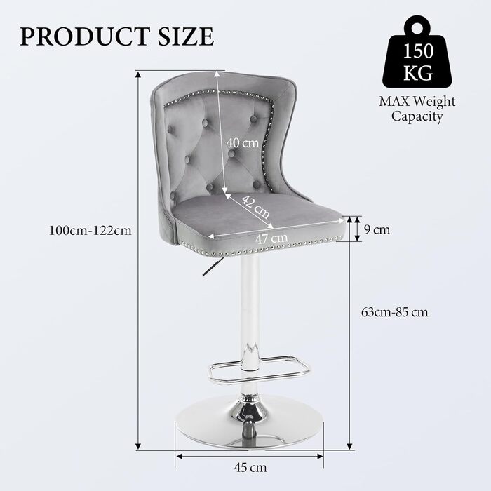 Набір з 2 барних стільців Samt - сучасні стільці для бару з високою спинкою, оббивка велюром, регульована висота, сірий