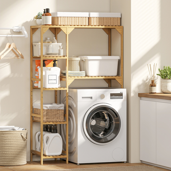 Поличкова система для пральної машини, з кількома відкритими відділеннями, для білизни та аксесуарів, виготовлена з бамбука.
