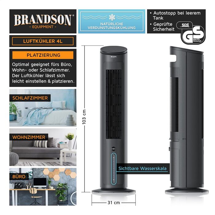 Brandson Торецький вентилятор з водяним охолодженням, 5-в-1, мобільний випарний кондиціонер без повітроводів, тихий, 4,6 л резервуар, переможець 2025