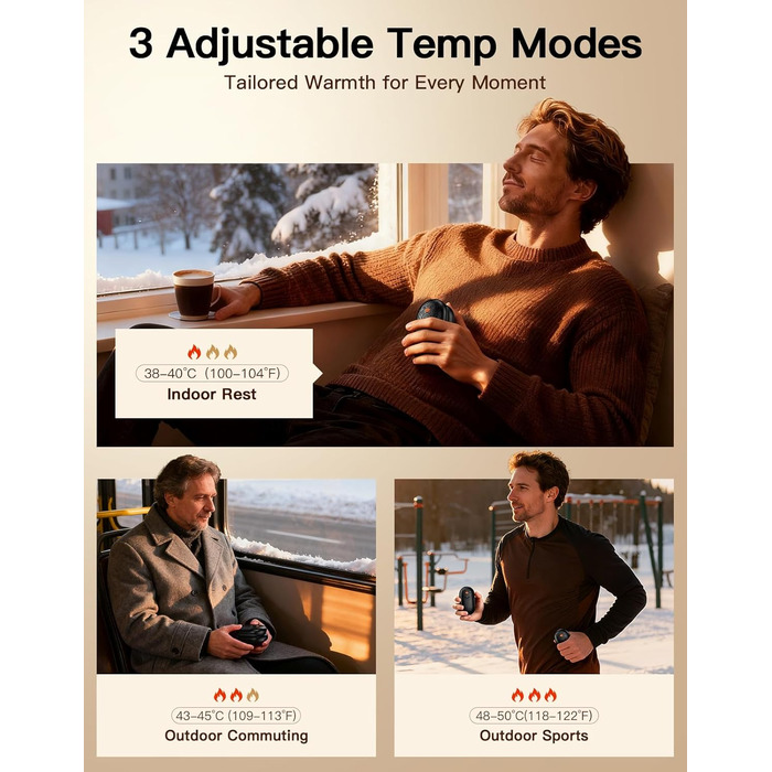 Електричні грілки для рук 2 шт. | Перезаряджаються, 3 режими нагріву, 6000mAh | Для жінок та чоловіків, кемпінг, полювання, гольф