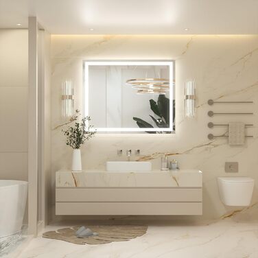 Дзеркало для ванної кімнати Keonjinn з підсвічуванням 50x70 см, без пари, LED, сенсорне керування, 3 кольори, регулювання яскравості, пам'ять, настінне, без рами